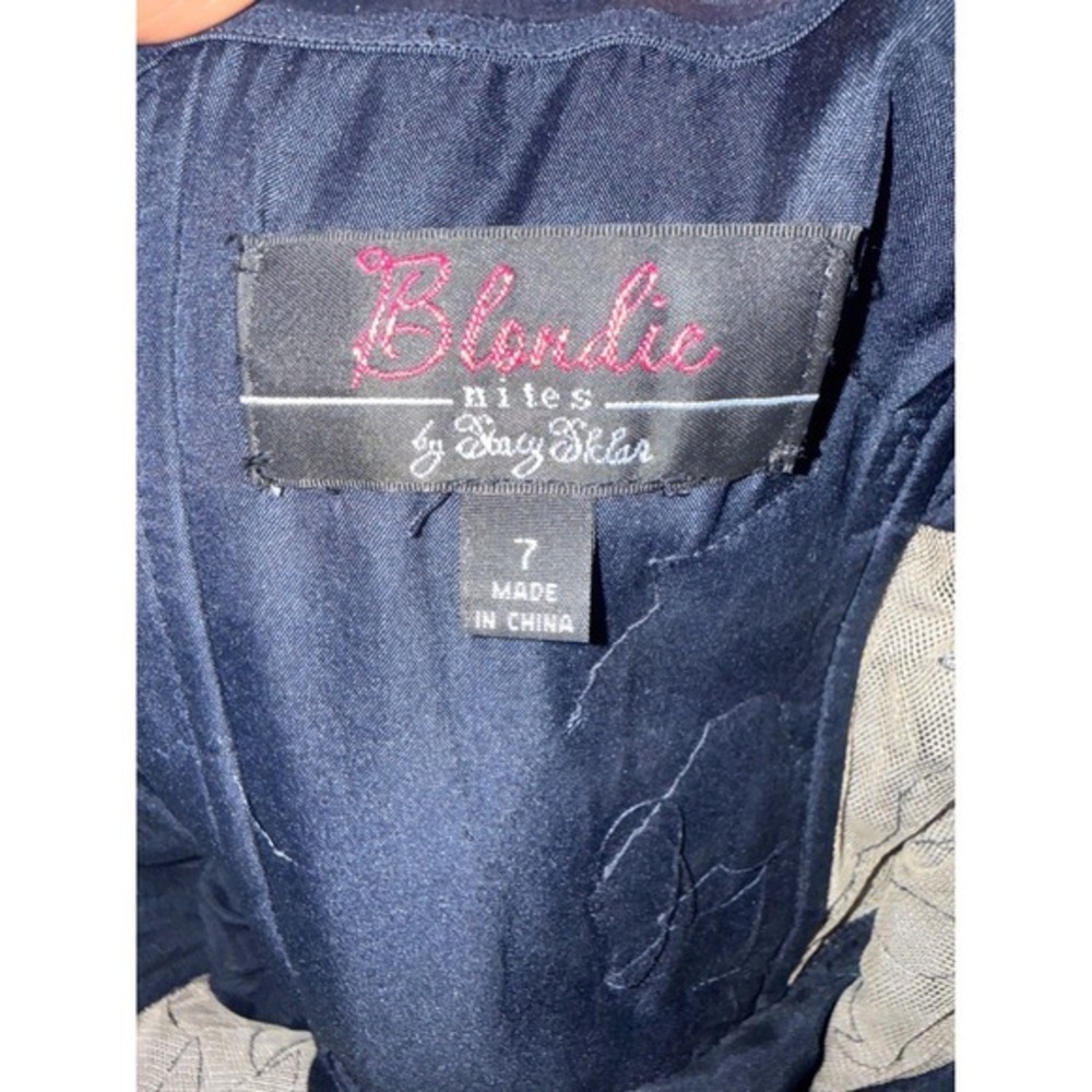 Blondie nite Navy Blue Satin Ball Gown Beaded Lace Waist Formal Evening Dress - Picture 9 of 11